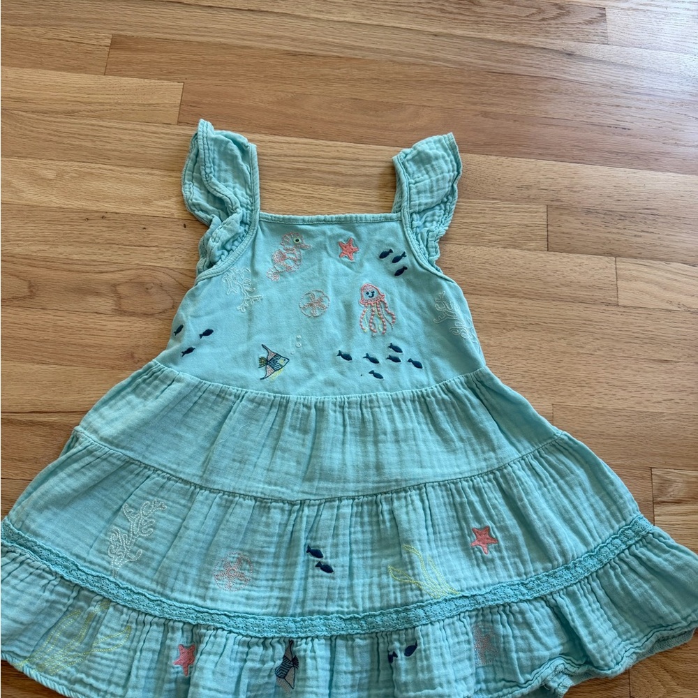 Peek Aqua Tiered Sundress with Embroidered Sea Motifs